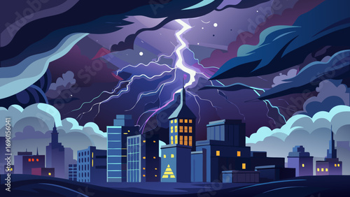Vector art of city skyline under a stormy sky with lightning strike illustration