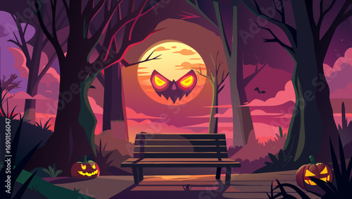 Vector art of spooky halloween night scene with pumpkin moon, bench, and jackolanterns
