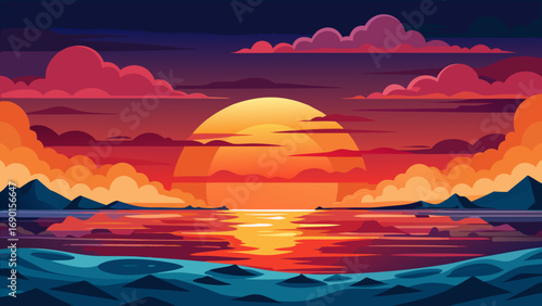 Vector art of a sunset over the sea with mountains and clouds in vector art illustration