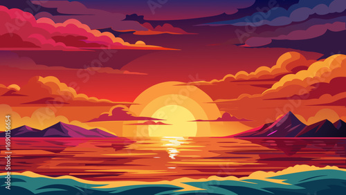 Vector art of a sunset over the ocean with mountains and clouds in vector illustration