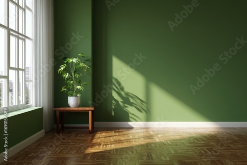 Empty green room with sunlight
