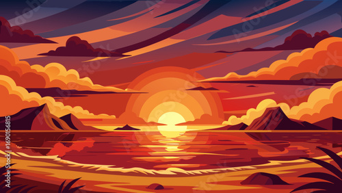 Vector art of dramatic sunset over the ocean with mountains and sandy beach landscape