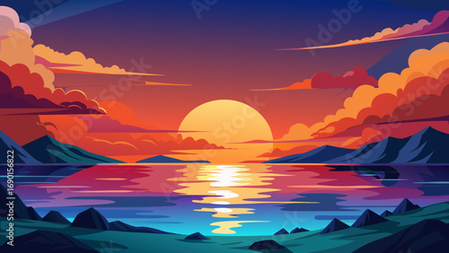 Vector art of vibrant sunset over tranquil water with mountains and colorful clouds