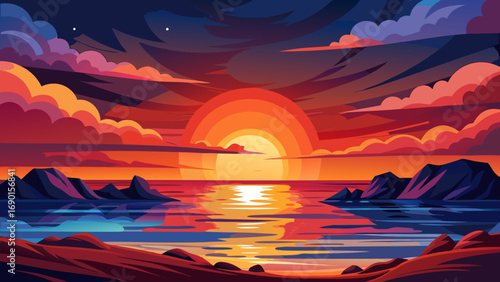 Vector art of dramatic sunset over the ocean with rocky islands and colorful clouds