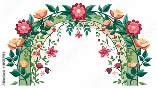 Vector art of floral arch with roses and green foliage