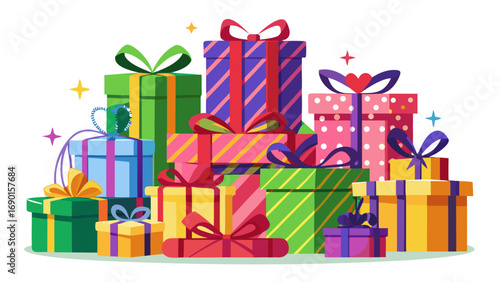 Vector art of pile of colorful gift boxes with ribbons