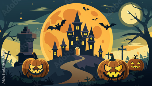 Vector art of spooky halloween night with castle, pumpkins and bats in the moonlight scene