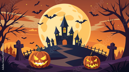 Vector art of halloween night with castle, pumpkins and bats in the moonlight scene design