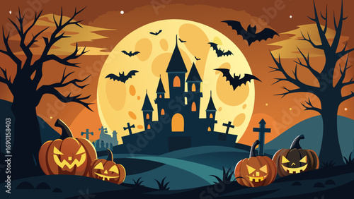 Vector art of halloween night scene with spooky castle, pumpkins, bats, and full moon