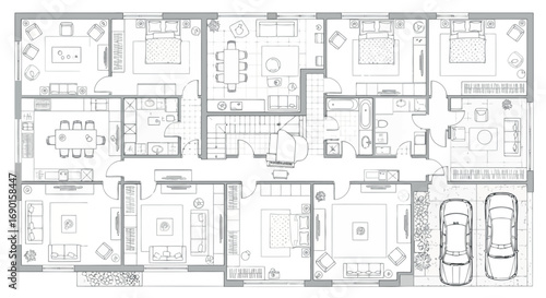 Vector vector art of detailed architectural floor plan of a large modern house with garage and multiple rooms transparent background