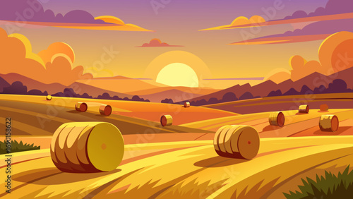 Vector art of golden sunset over the field with hay bales and mountains in the background