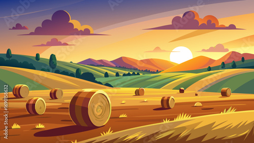 Vector art of beautiful sunset over the field with hay bales and rolling hills landscape