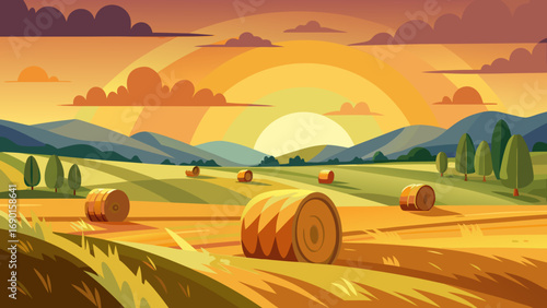 Vector art of scenic sunset over the field with hay bales and trees in the countryside