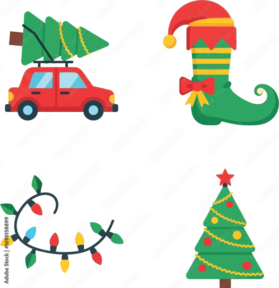 Fototapeta premium Festive Christmas Icon Set: Car, Elf Boot, Lights, Tree