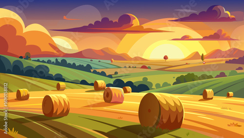 Vector art of hay bales in a field at sunset with rolling hills and colorful sky