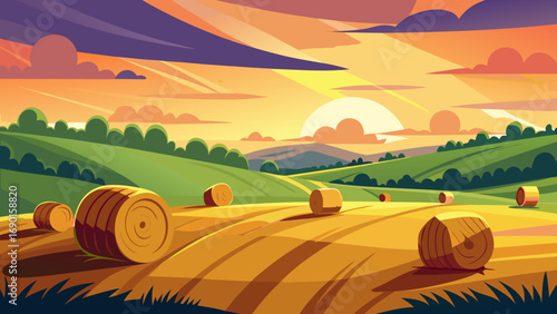 Vector art of hay bales in a field at sunset with rolling hills and colorful sky