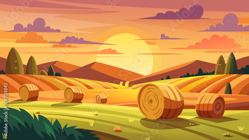Vector art of hay bales in a field at sunset with rolling hills and colorful sky