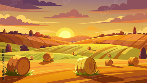 Vector art of golden sunset over the field with hay bales in countryside landscape