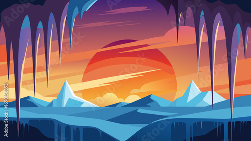 Vector art of arctic landscape with ice cave and sunset in winter wonderland scene
