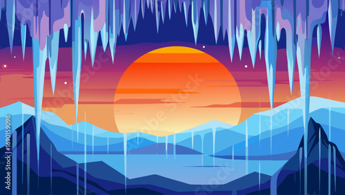 Vector art of cartoon arctic landscape with icicles and mountains at sunset background