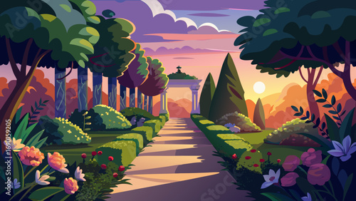 Vector art of cartoon garden path with trees and flowers at sunset in a beautiful park