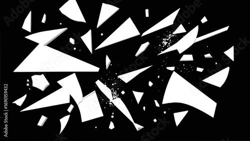 Vector art of abstract black and white geometric shards explosion on dark background