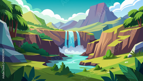 Vector art of scenic jungle landscape with waterfall cascading into a river on a sunny day