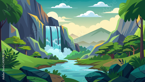 Vector art of idyllic jungle landscape with waterfall flowing into a river surrounded by nature