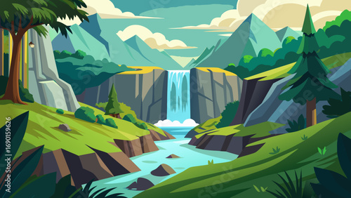 Vector art of beautiful waterfall landscape with green hills and mountains in the background