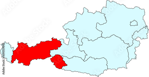 A vector map of Austria highlighting the Tyrol (Tirol) state. Perfect for data visualization and presentations that need a clear geographical context.

