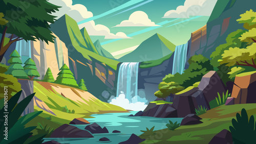 Vector art of scenic waterfall landscape with lush greenery and mountains in the distance