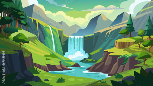 Vector art of breathtaking waterfall landscape with mountains and lush green vegetation