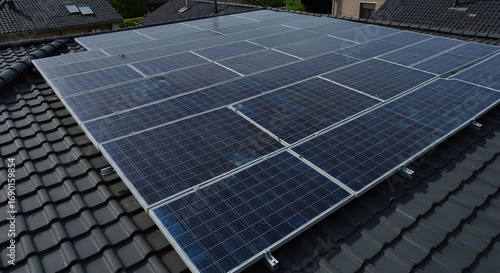 Solar panels installed on a dark tiled roof, generating clean energy for a sustainable future.