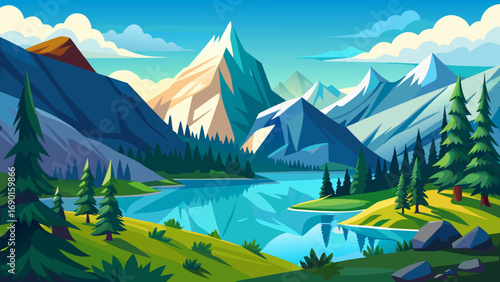 Vector art of vibrant mountain landscape with a serene lake reflecting the sky and peaks