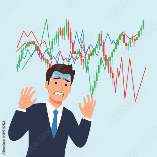 Stressed businessman with stock market chart background, financial crisis concept.