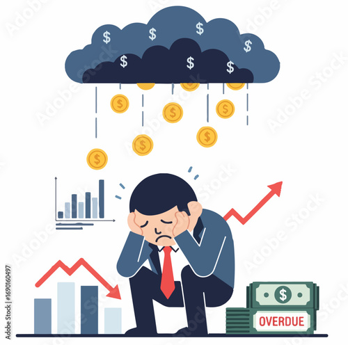 Businessman stressed by financial problems, debt, and falling profits.