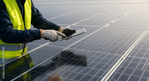 Technician in safety vest inspecting solar panels with a tablet, renewable energy concept