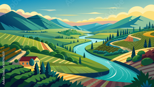 Vector art of beautiful countryside landscape with winding river flowing between green hills