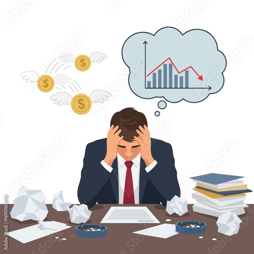 Stressed businessman with financial troubles, declining graph, and scattered paperwork.