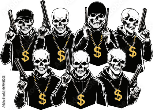Gangster Skull Crew with Guns and Dollar Chains Illustration