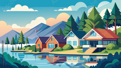 Vector art of picturesque lakeside homes surrounded by mountains and lush green forest
