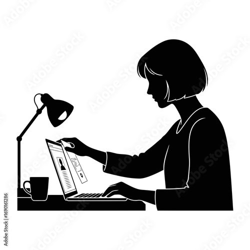 illustration of silhouette of a girl with laptop