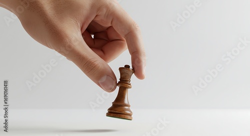 Hand holding a chess queen piece.