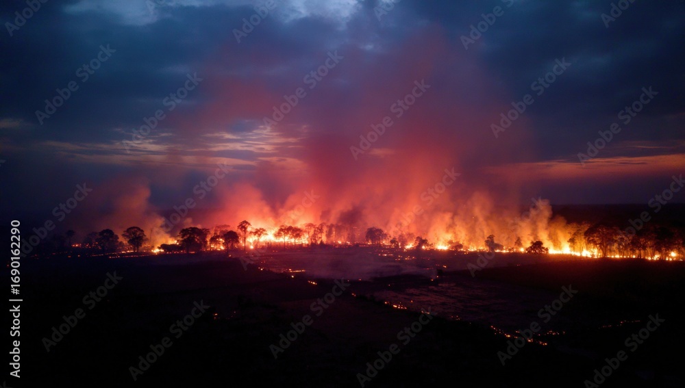 Obraz premium Aerial view of a massive wildfire at twilight