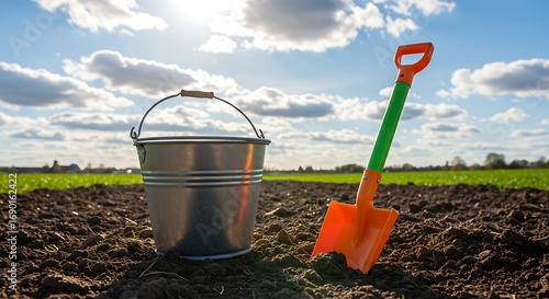 Metal bucket and shovel on plowed field under blue sky.