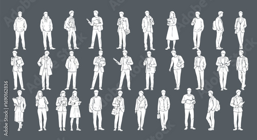 Vector vector art of set of white line art figures of people in various poses on a dark background transparent background