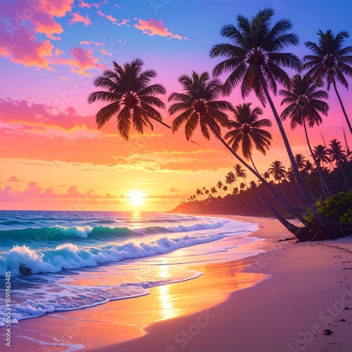 Vibrant sunset over a tranquil beach with palm trees