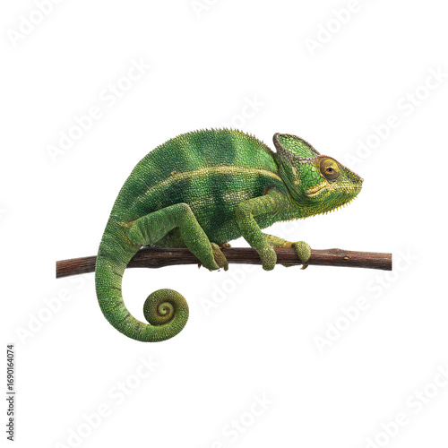 Vibrant Green Chameleon on Branch, Isolated on Black Background