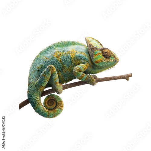 Vibrant Veiled Chameleon on Branch, Isolated on Black