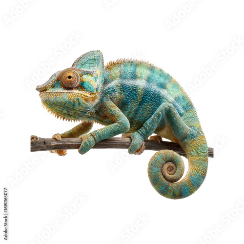 Vibrant Panther Chameleon on Branch, Isolated on Black